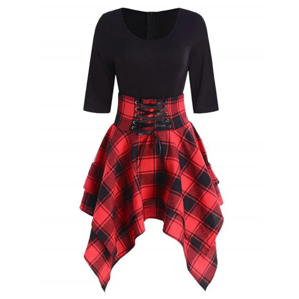 

Fashion Dresses For Women 2021 Casual O-neck Lace Up Dress Gothic Tartan Plaid Print Asymmetrical Mini Dress Vestido Feminino