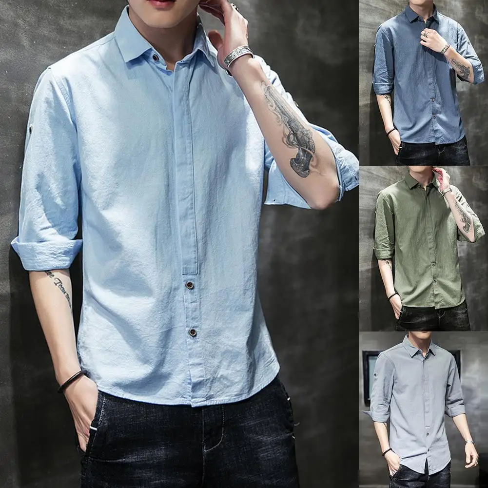 

New Men's Long Sleeve Shirts Summer Men 3/4 Sleeve Lapel Collar Casual Solid Color Cotton Linen Slim Shirt Male Loose Shirts 4XL