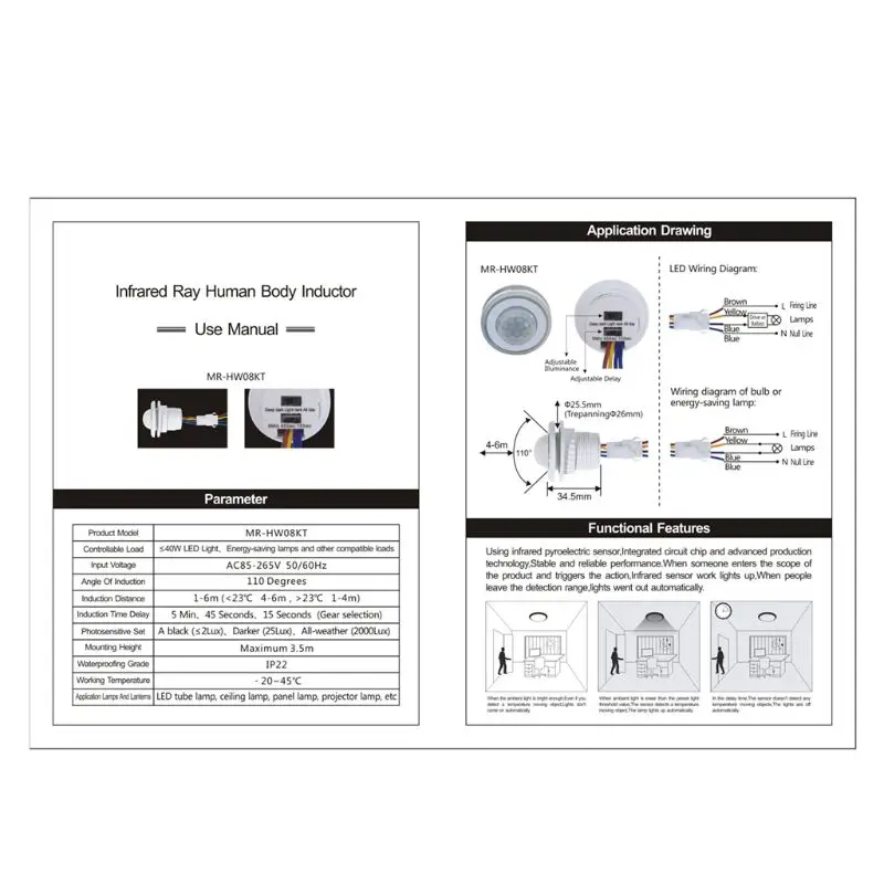 

40mm LED PIR Detector Infrared Motion Sensor Switch with Time Delay Adjustable R9JA