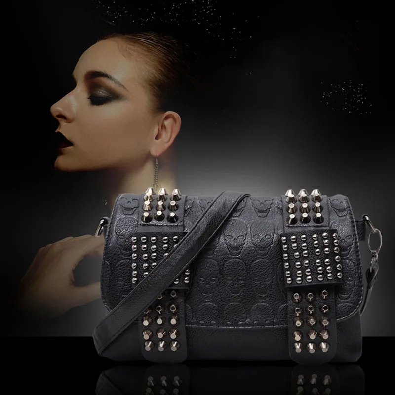 

New Arrival Women Handbag Rivet Gothic Skull Bags Chain Messenger Crossbody Shoulder Bag Female Black Leather Drop Shiping