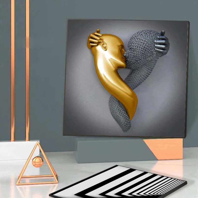 

Silver Metal Figure Statue Wall Art Canvas Painting Romantic Lover Sculpture Poster Picture for Living Room Home Decor Print