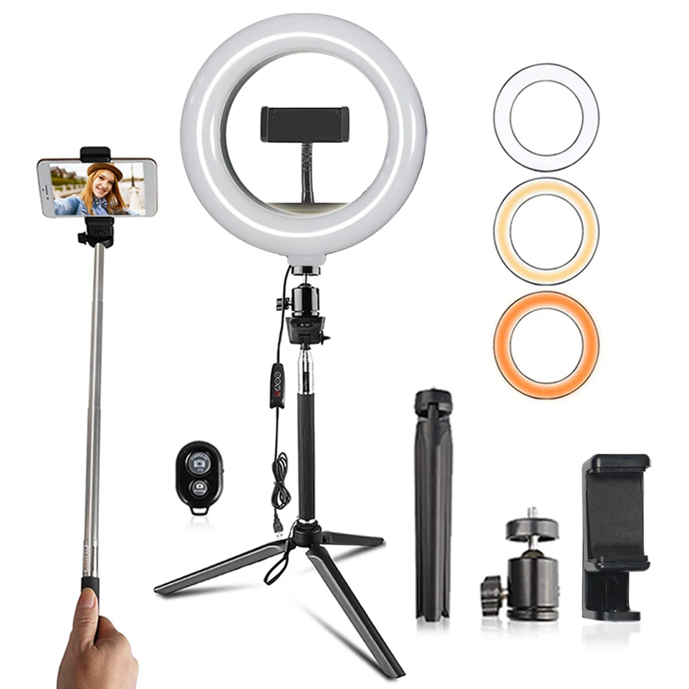 

10 inch Dimmable Selfie Stick LED Ring Light with Desk Tripod Stand Phone Holder Remote Ring Lamp for Live Streaming