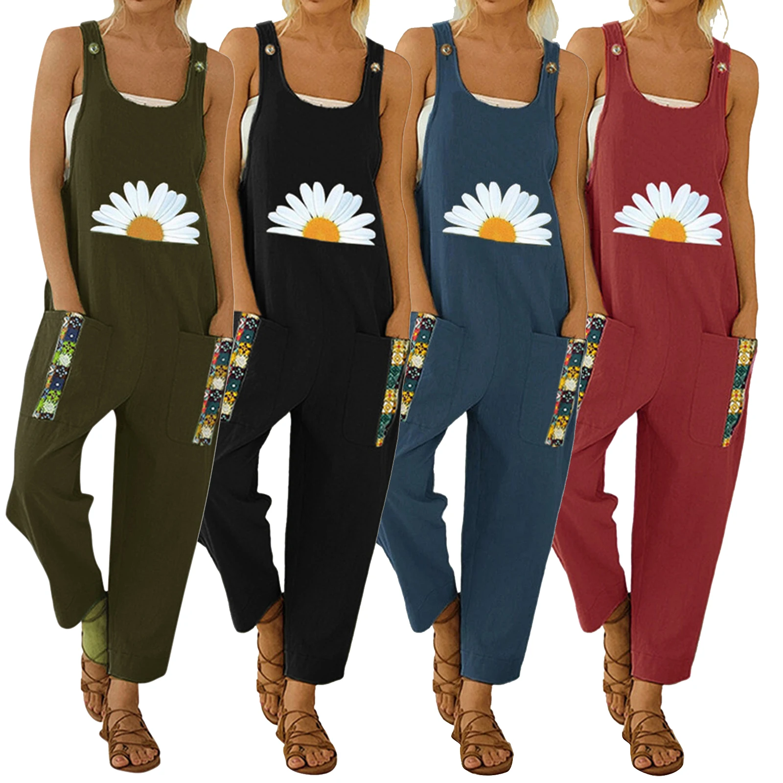 

Женский комбинезон без рукавов с принтом маргариток, повседневная одежда с U-образным вырезом для женщин, новая мода 2021