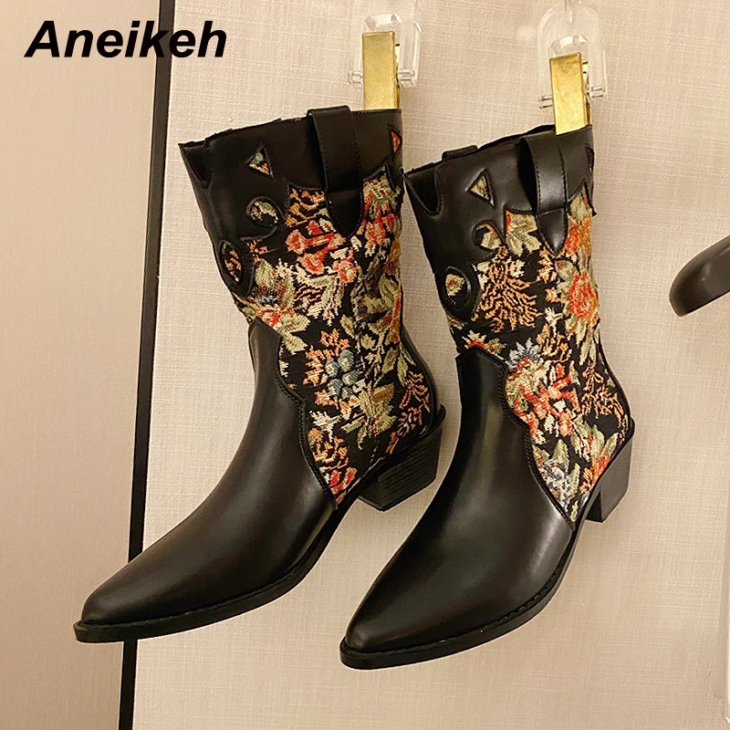 

Женские сапоги Aneikeh, из искусственной кожи, с вышивкой, на квадратном каблуке, зимние, 2021