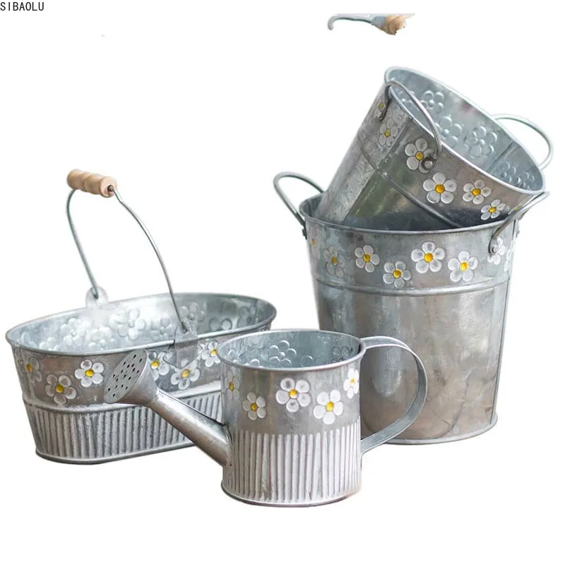 

Embossed Wrought Iron Flower Pot Creative Old Retro Living Room Tin American Vase Desktop Storage Bucket Garden Decoration