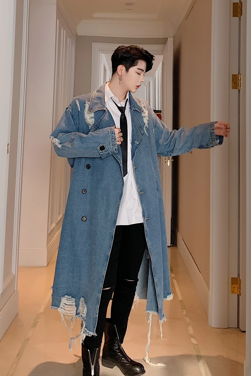 

New dark department personality tattered do old men long loose denim trench coat