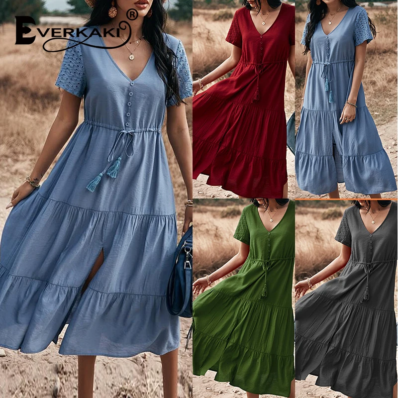 

Everkaki Boho Tassel Sashes Dresses Women Cotton Summer Beach Plus Size Blue Red Green Bohemian Party Midi Dress Female 2021 New