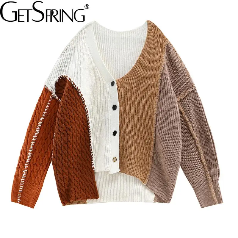 

GetSpring Women Sweaters Patchwork Single Breasted Ladies Knitted Cardigan Fashion All Match Loose Casual Autumn Coat 2021 New