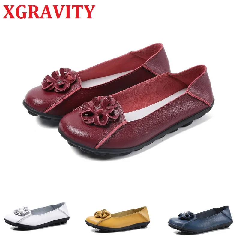 

XGRAVITY Girl Flower Design Flats Lady Fashion Flat Shoes Elegant Comfortable Plus Size Woman Genuine Leather Female Shoes C077