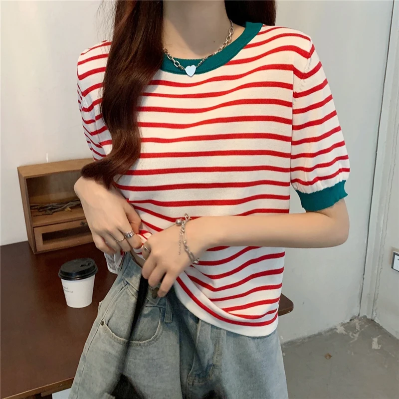 

Striped Short Sleeve T Shirt Women Knitted 2021 Casual Thin Summer T-shirt Womens Tops Korean Fashion Clothing Tee Shirt Femme