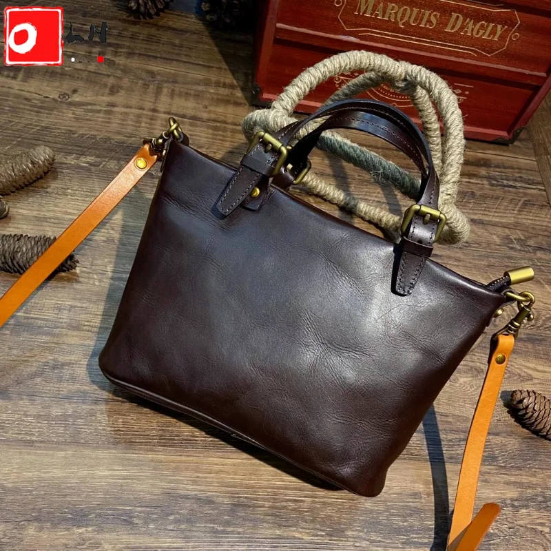 OLN Large Capacity Women Vintage Shoulder Bag Retro Vegetable Leather Female Crossbody Bags Ladies Large Top Handle Handbag Sac