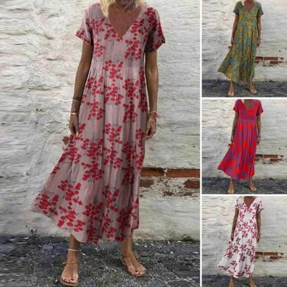 

Women Dress Fashion Summer Maxi Dress Bohemian Print Slim Stretchy Summer Short sleeve V-neck Beach Long Dress for Party