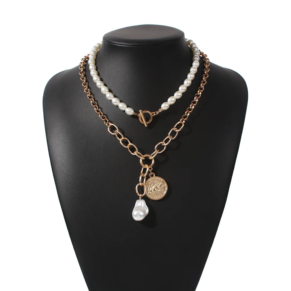 

Women's 2021 Summer European and American Popular Fashion All-Match Zinc Alloy + Imitation Pearl Bohemia Coin Pendant Necklace