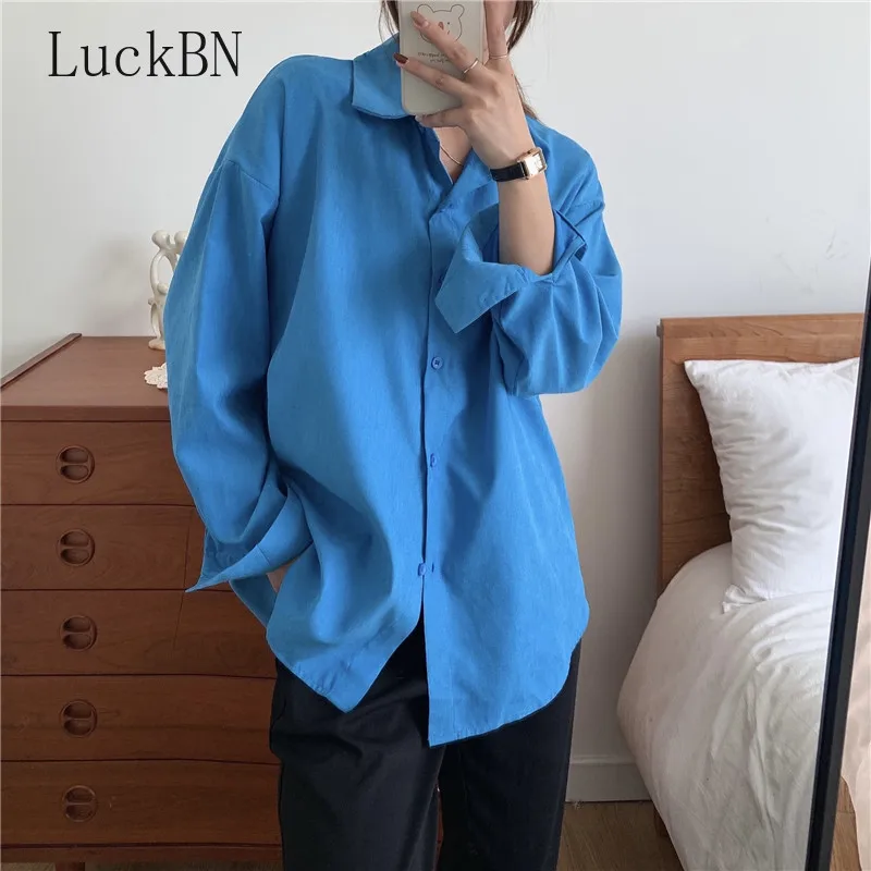 

Женская Однотонная рубашка, элегантная Минималистичная однобортная Базовая Блузка в офисном стиле, свободные топы с отложным воротником и ...