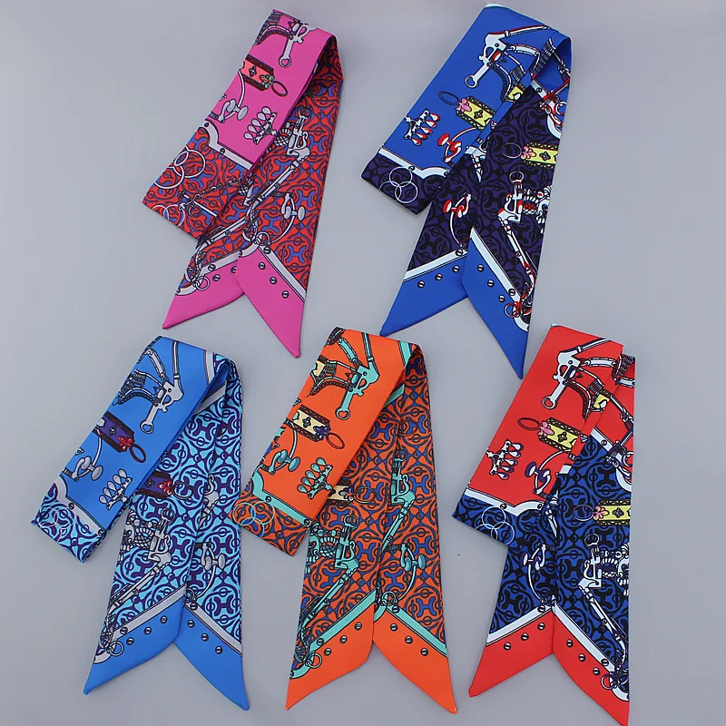 Винтажный популярный Узкий Шелковый тонкий шарф с буквенным принтом повязка на