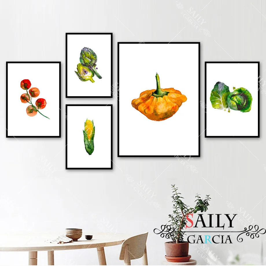 Плакаты и принты в скандинавском стиле акварельные фрукты овощи холст настенные
