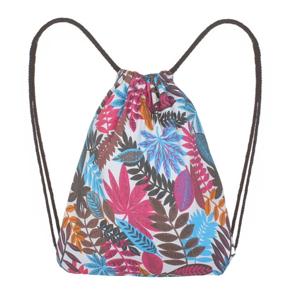 Fashion Women Drawstring backpack Storage Bag Leaf Printing High Capacity Bucket sports bag pocket pouch Shoulder Bag Canvas new