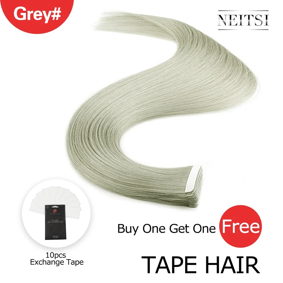 Grey Neitsi Machine Made Remy Tape In Human Hair Extensions 20" Double Side Tape Straight Ombre Skin Weft Hair+ Free Exchange Tapes - Цвет: Grey