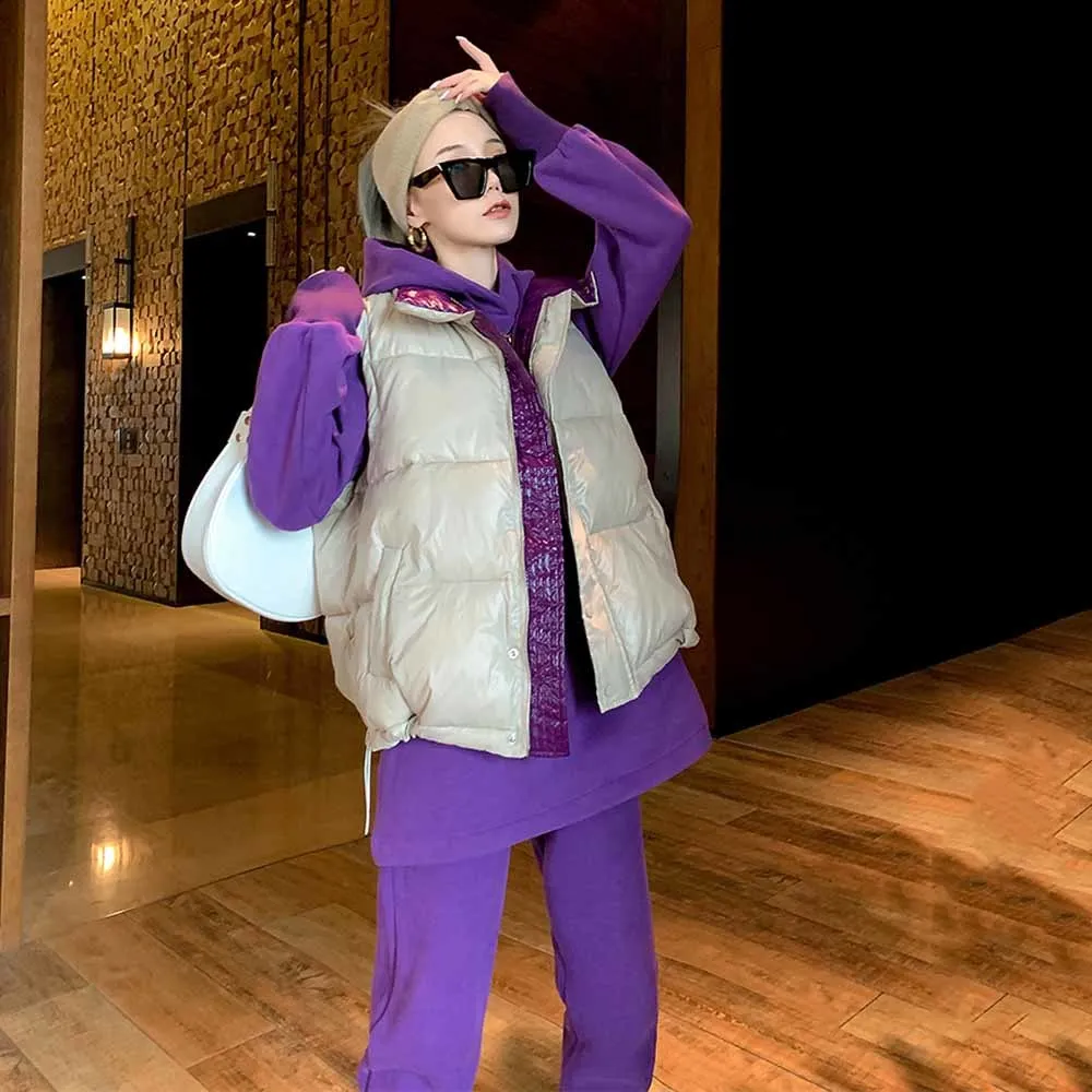 

2021 autumn High Street long-sleeved hooded thickened plus velvet sweater + cotton vest + trousers three-piece sets female trend