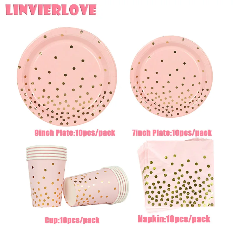 LINVIERLOVE розовый Золотой горошек одноразовая посуда бумажные чашки пластины