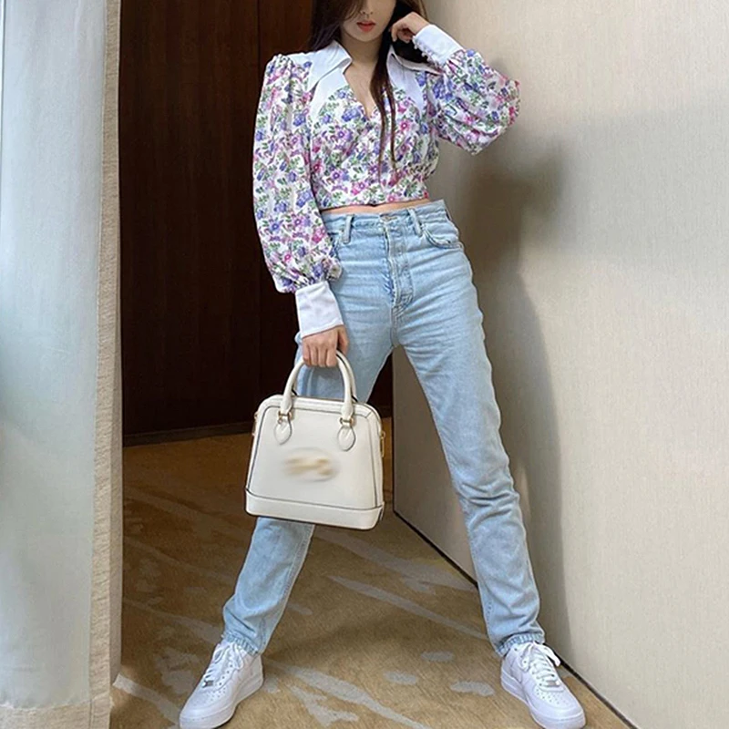 

VGH Elegant Print Floral Shirt For Women Lapel Lantern Sleeve Hit Color Short Blouse Female Fashion New Clothing 2021 Spring