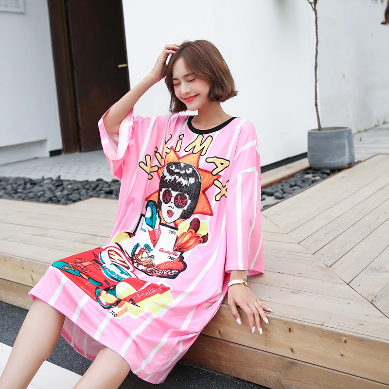 Camiseta de gran tamaño con estampado de dibujos animados para Mujer, Tops de rayas rosas con cuentas, ropa de calle de manga corta con cuello redondo, Camisetas para Mujer 2021