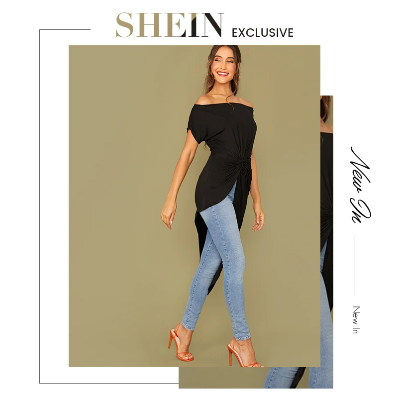 SHEIN черный с плеча твист Спереди асимметричный подол Bardot футболка Женские топы осень короткий рукав Твердые Элегантные футболки