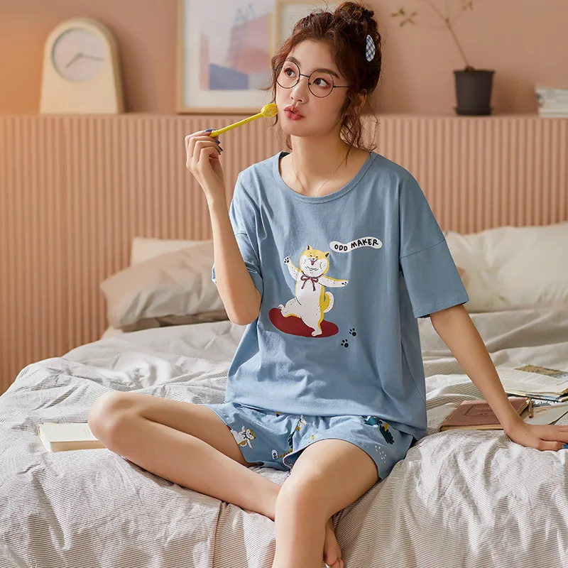 

Summer Women Cute Cartoon Pajamas Set Round Neck Short Sleeves Shorts Sleepwear Cotton Home Wear Comfort Pijamas Pyjama