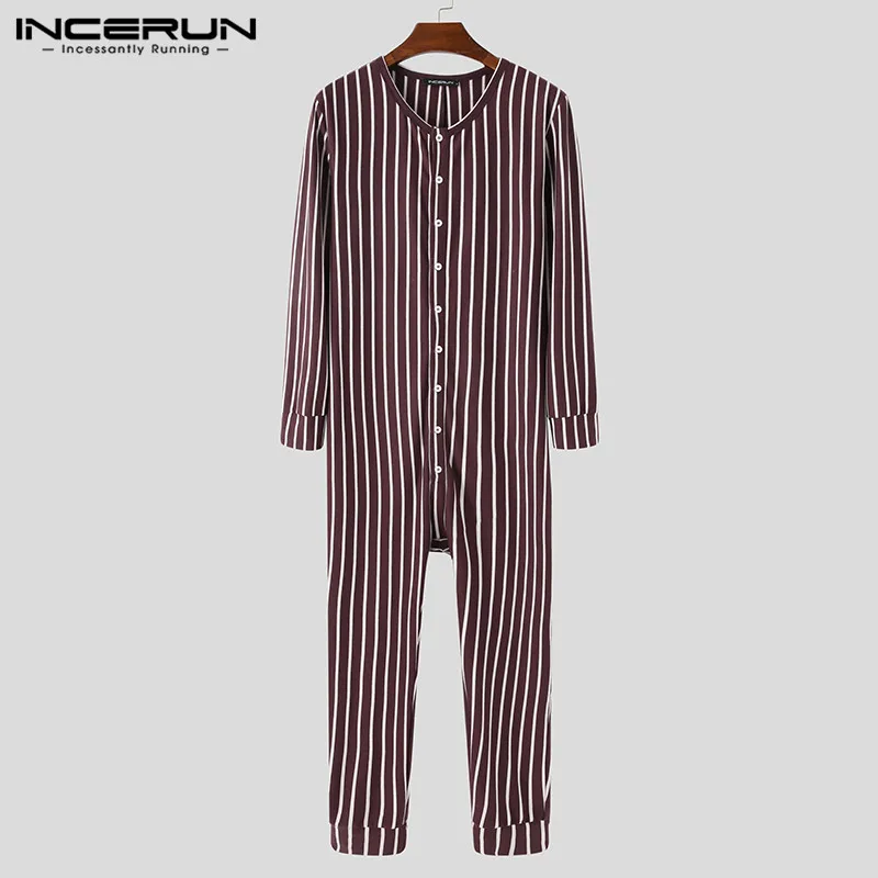 

Men Long Sleeve V Neck Bodycon Jumpsuits Sleepwear INCERUN Leisure Striped Pajamas Rompers Autumn Men Sexy Bodysuit Onesies 5XL