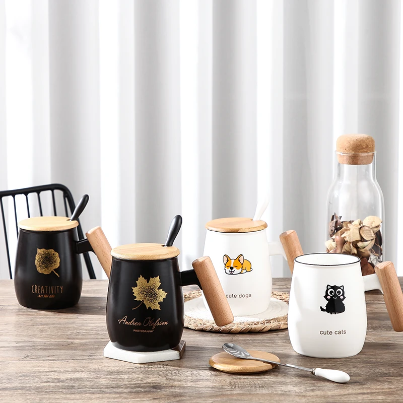 

New Creative Cartoon Ceramic Mug With Wooden Handle Lid Spoon Coffee Juice Milk Tea Breakfast Cup Office Home Kids Drinking Cup