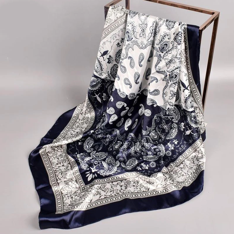 

Luxury Silk Satin Square Scarf Cashew Flower Print Beach Hijab Shawls and Wrap Head Scarves Two-tone Female 90*90cm Big Size