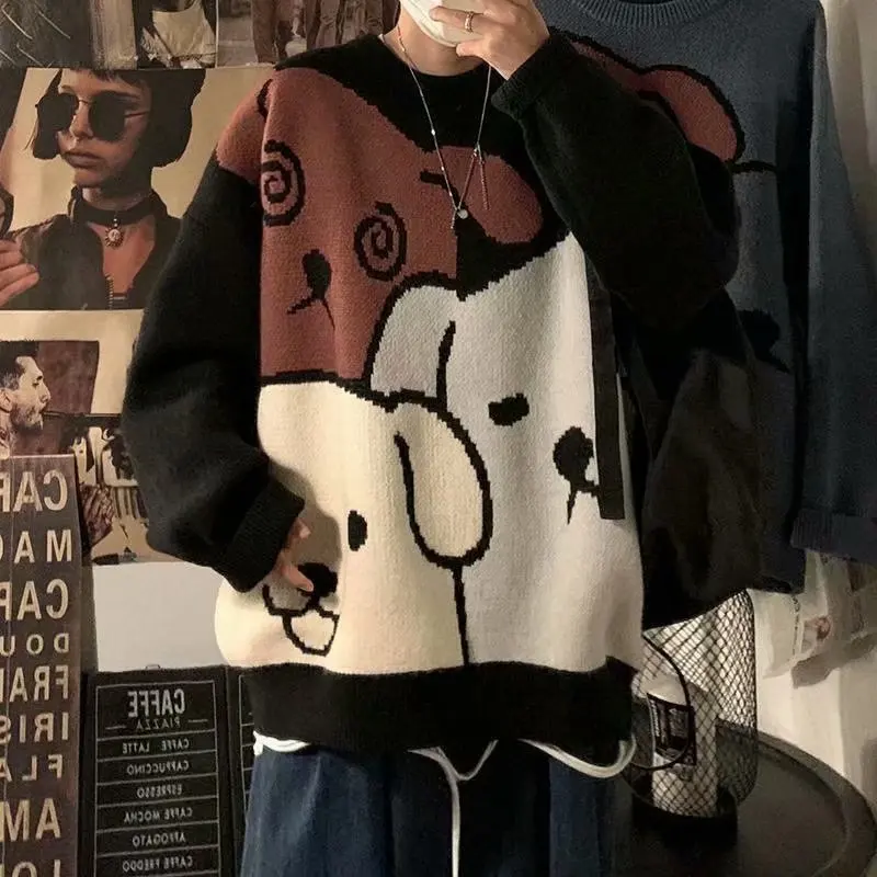 

Autumn and winter round neck cartoon sweater men's trend casual knit sweater ins tide brand wild Hong Kong style couple sweater