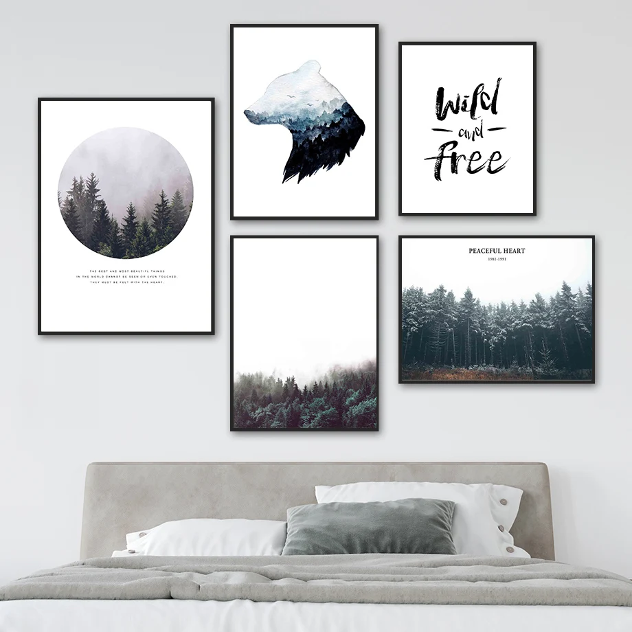 

Misty Forest Sky Landscape Abstract Bear Wall Art Canvas Painting Nordic Posters And Prints Wall Pictures For Living Room Decor