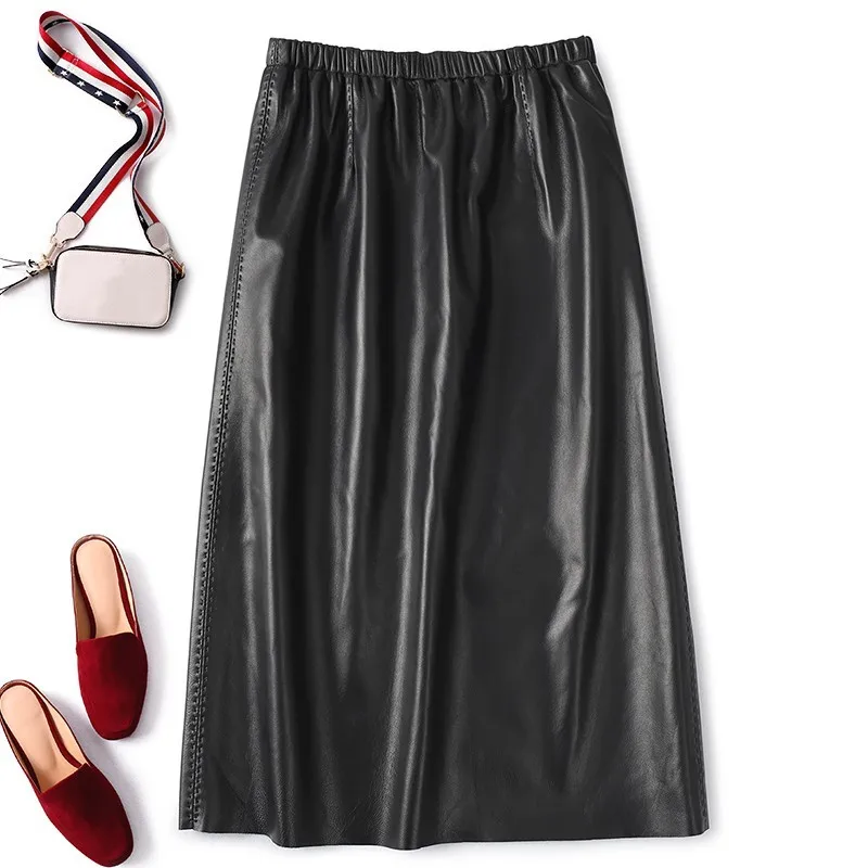 

Waist Women Elastic Mid Real Sheepskin Skirt Office Ladies Slim Fit Wrap Skirts Autumn New Vintage Genuine Leather Mujer Faldas