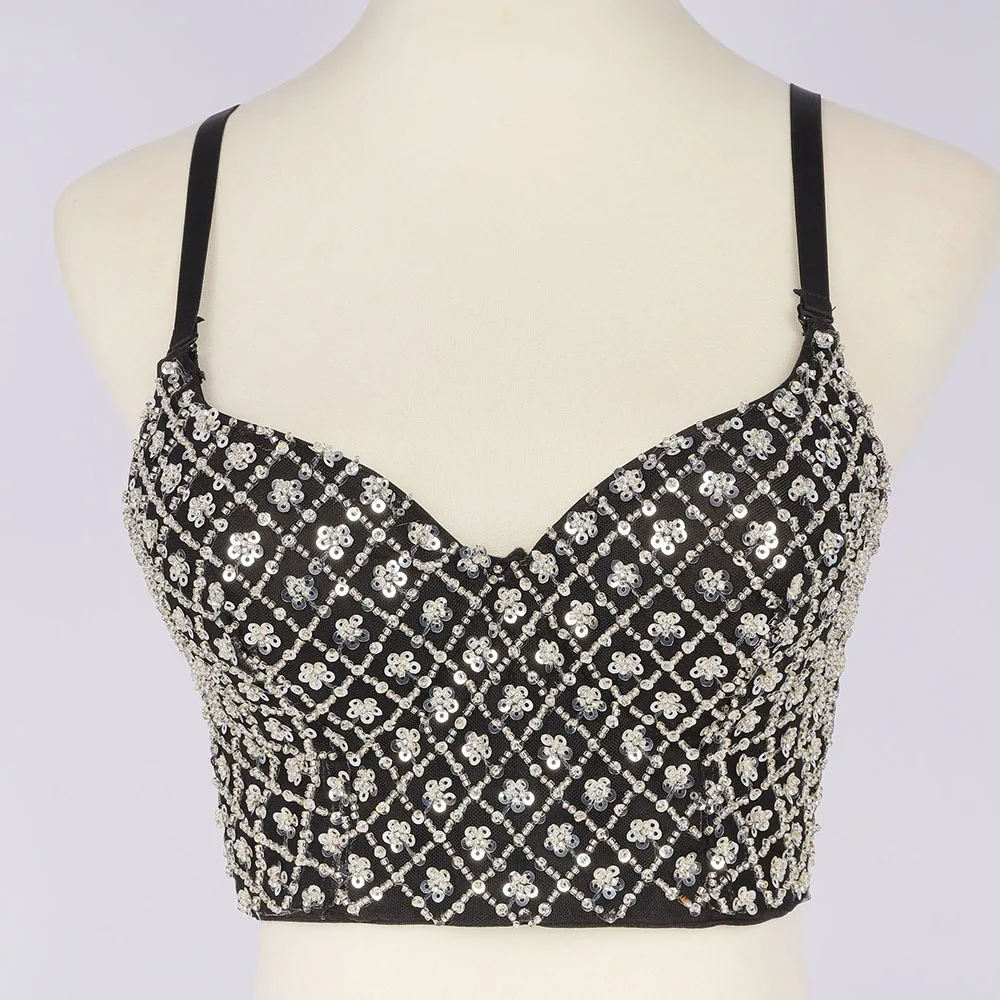 

French Retro Fashion Design Tank Top Solid Color Beading Western Style High Street V-neck Adjustable Shoulder Strap