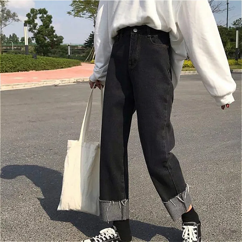 

Jeans Women Boyfriend Denim Cuffs Ankle-Length Autumn Loose College Straight All-match Casual Feminino Trouser BF Chic Aesthetic