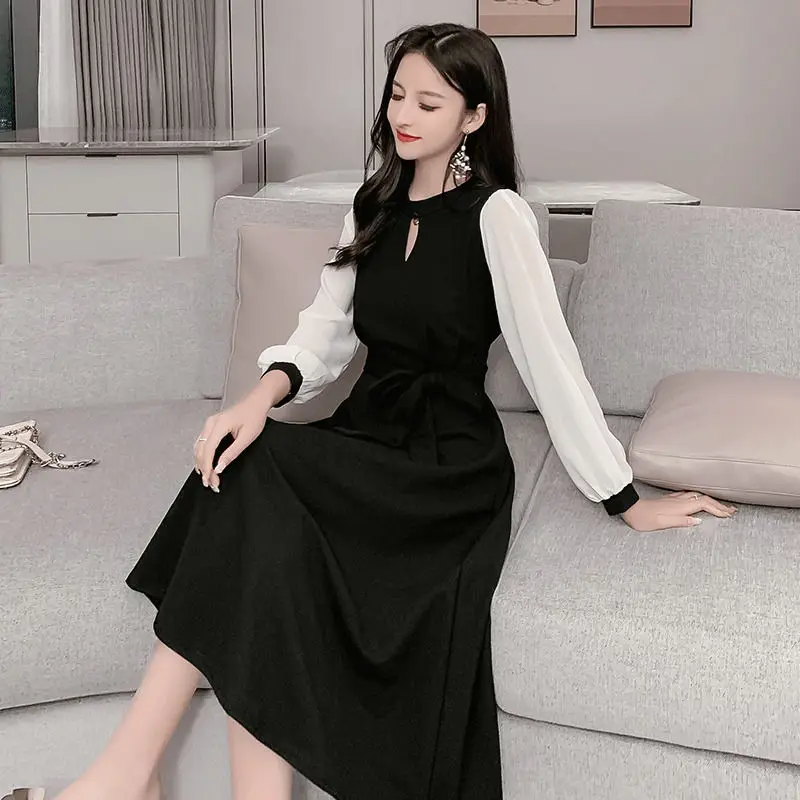 

2020 Women New Spring Autumn Slim Hollow Out Dress Female Korean Elegant Dress Office Ladies Mesh Patchwork Dress W385