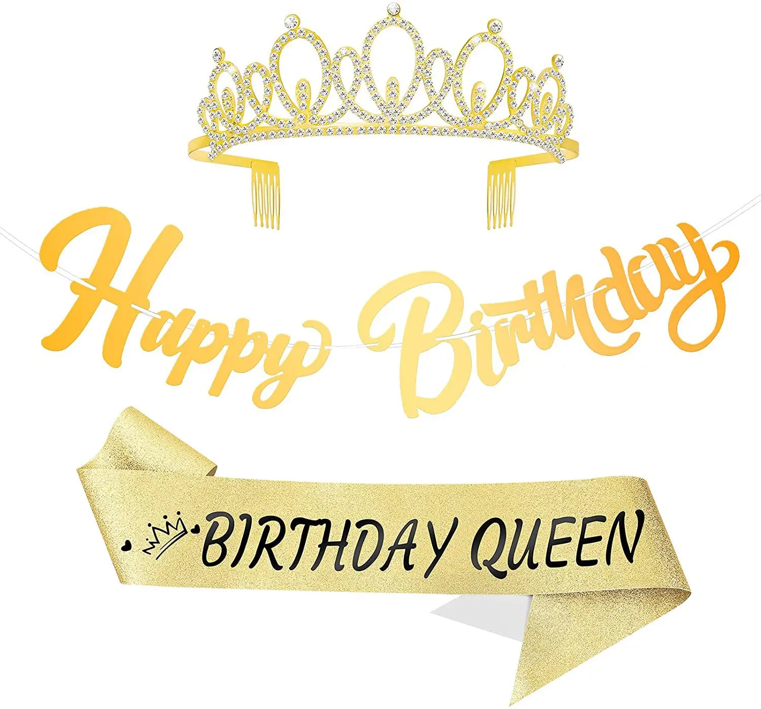 

Crystal Rhinestone Tiara Crown Headband and Glitter Birthday Queen Sash Banner for Women Birthday Party Favors Decorations
