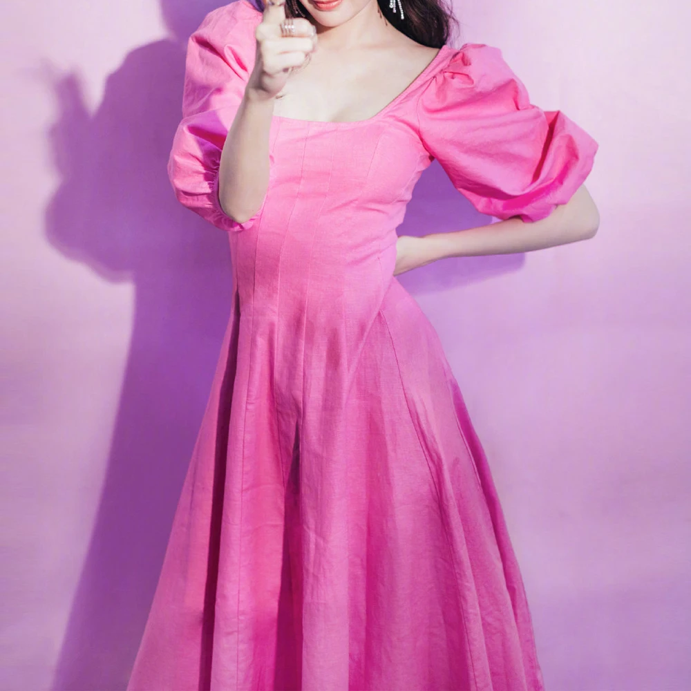 

2020 New Summer Korean Chic Rose Red Color Dress Women Casual Square-Neck Medium Long Cotton Dresses