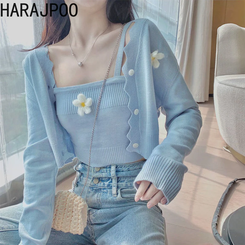 

Женский вязаный кардиган Harajpoo с длинным рукавом, новая кофта, одежда на весну и осень 2021, тонкий солнцезащитный Топ, костюм из двух предметов