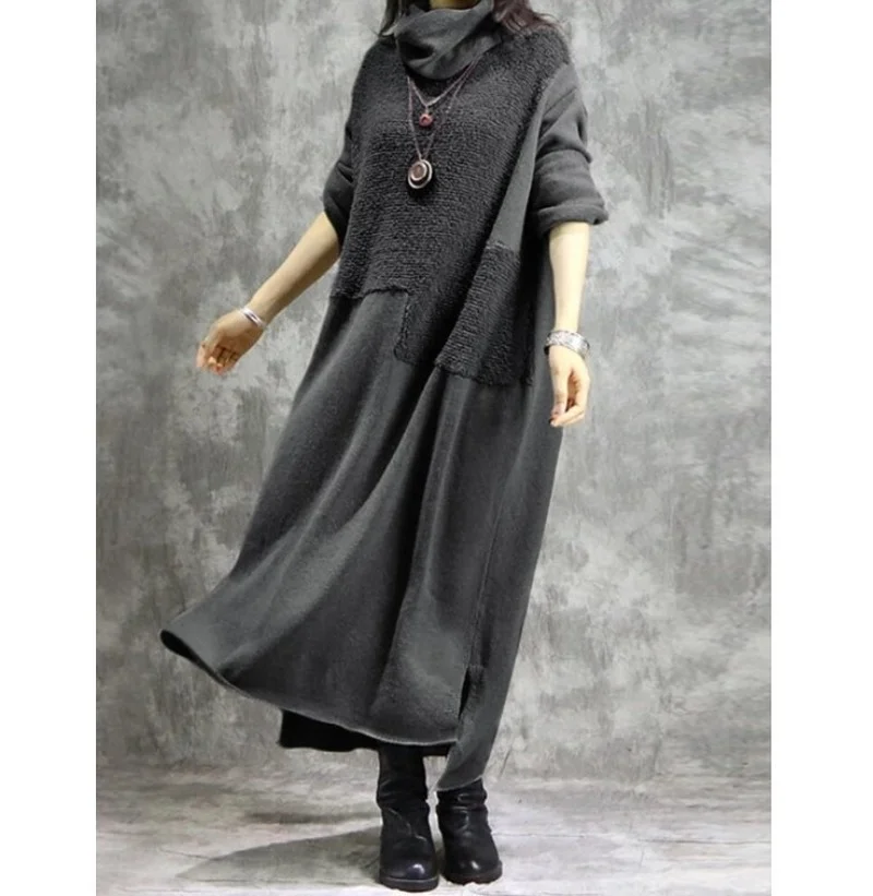 

Women Turtleneck Pacthwork Long Dress Autumn Long Sleeve Sweatshirts Dress Casual Loose Sundress Vintage Vestido