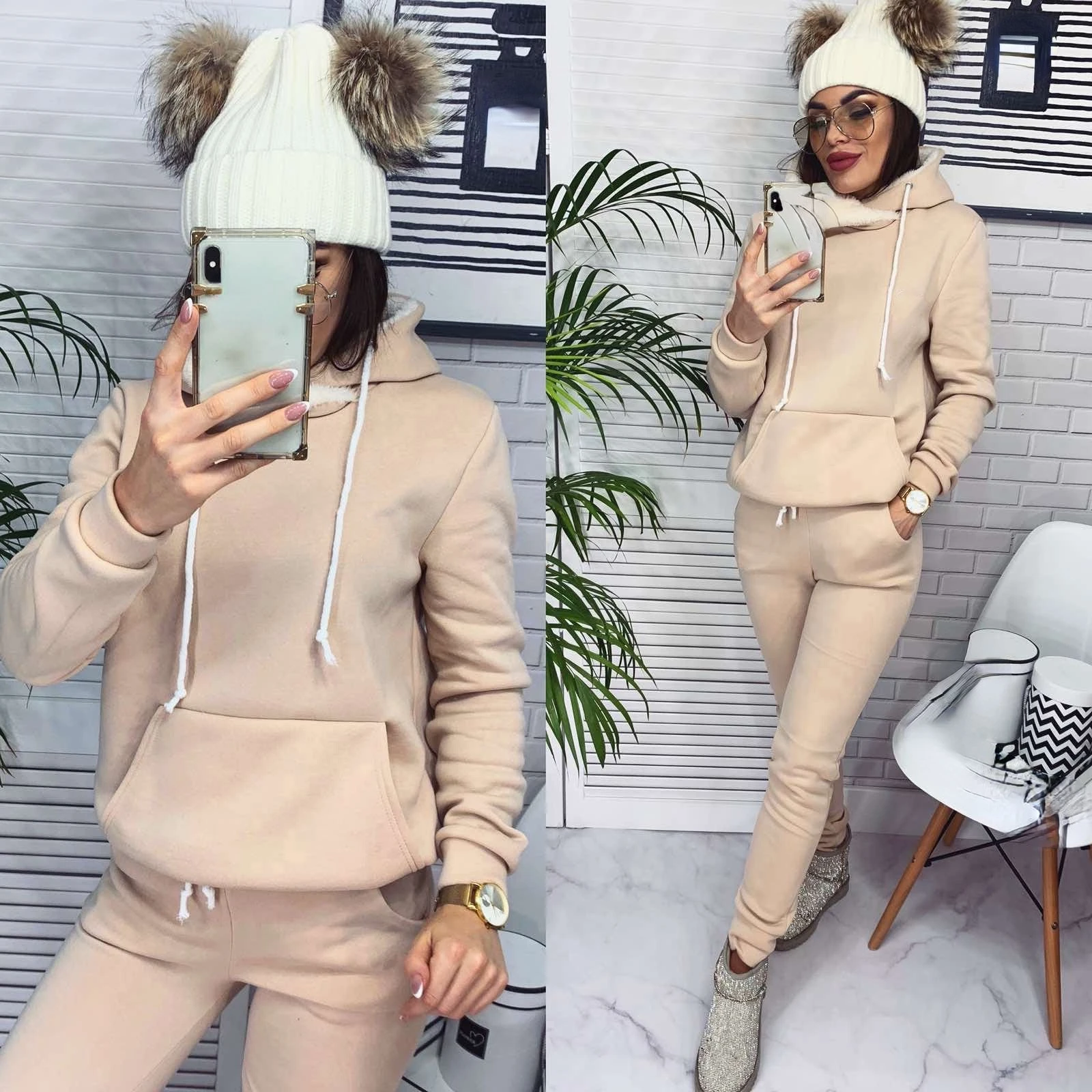 

2021 autumn and winter new style women's fashion leisure long sleeve Hooded Sweater Set two-piece set