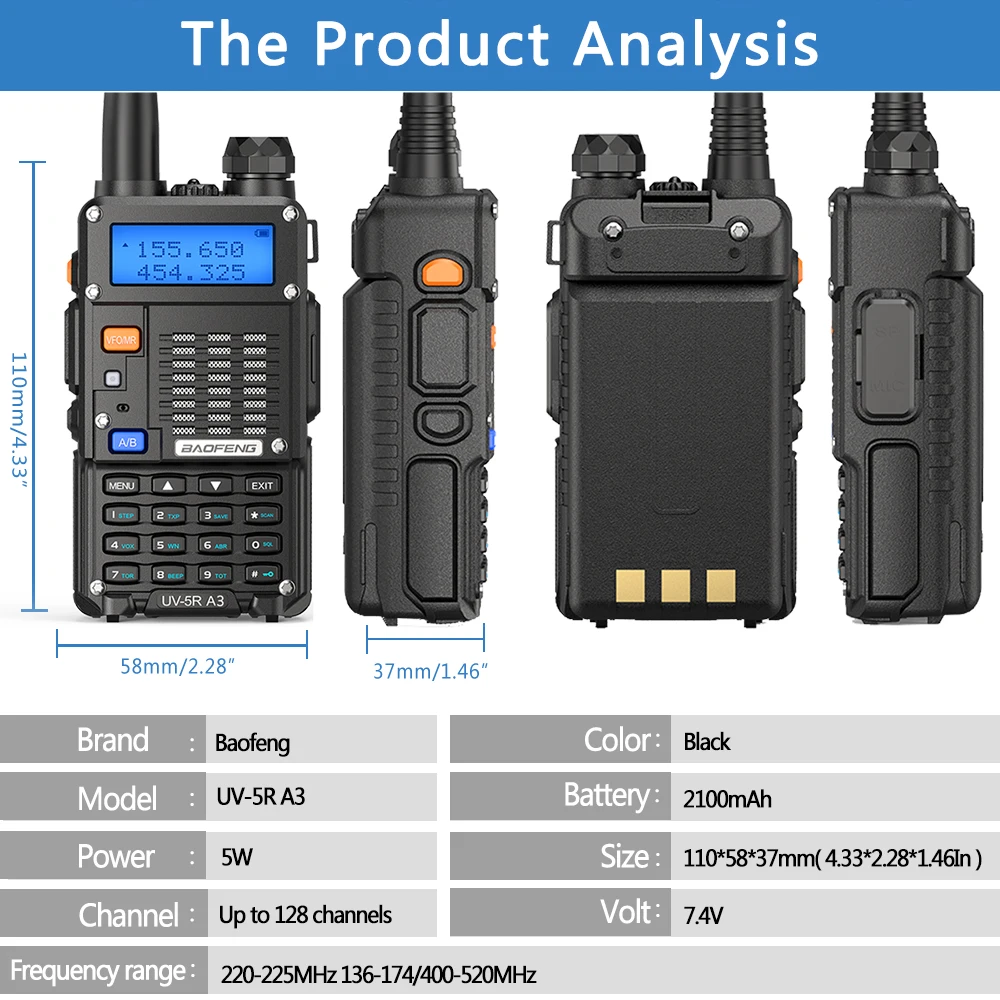 Портативная трехдиапазонная Двусторонняя рация BaoFeng UV-5R A3 5 Вт 220-260 МГц