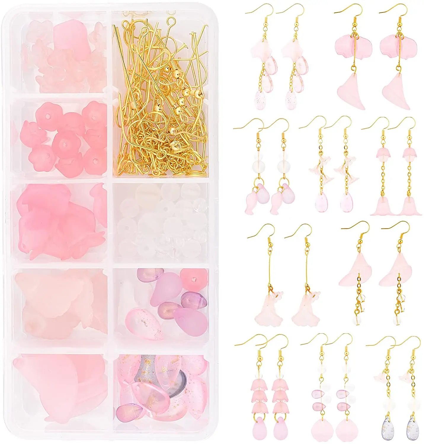

1 Box DIY 10 Pairs Frosted Acrylic Calla Lily Flower Dangle Earring Making Kits Pink White Acrylic Flower Beads Caps Pendants
