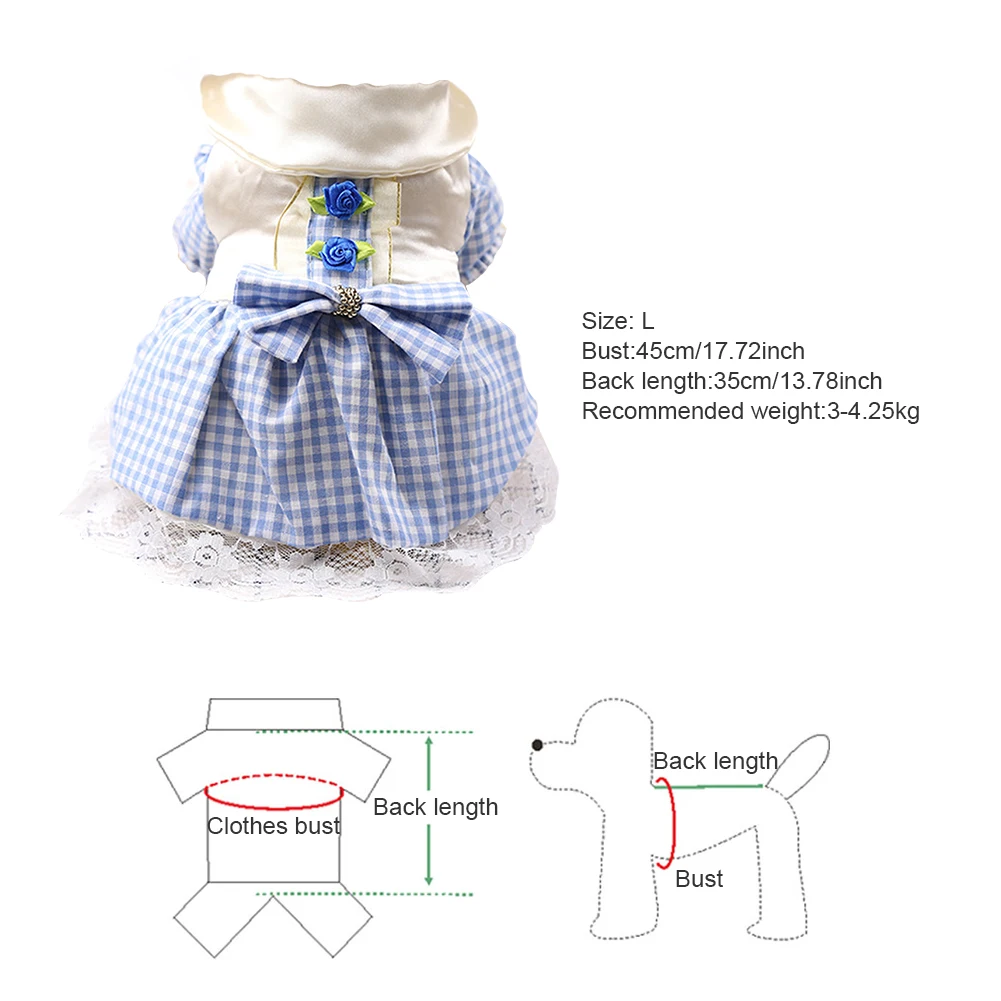 

3 Sizes Pets Supplies Dog Dress Puppy Skirt Summer Clothes Party Apparel With Bow Lace Grid Pattern For Small Pets Blue