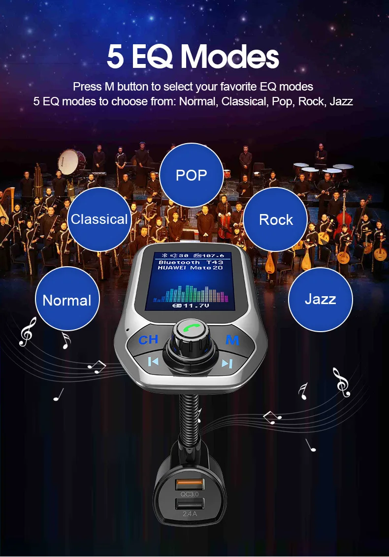 

JINSERTA 2021 Car MP3 Music Player Bluetooth 5.0 receiver FM transmitter Dual USB QC3.0 Charger U disk / TF Card lossless Music