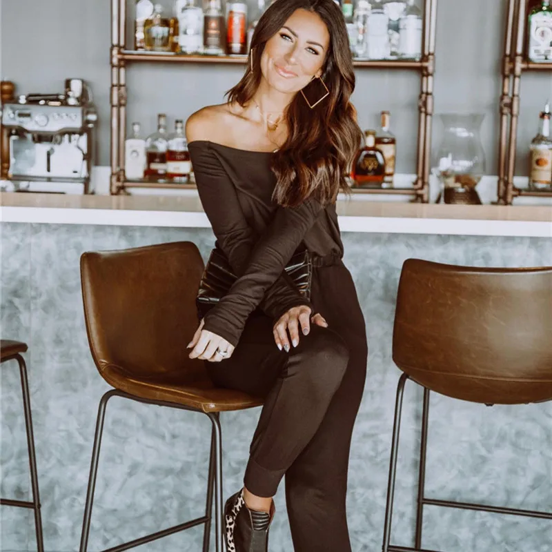 

2019 New Autumn Women Jumpsuit Fashion Off Shoulder Long Sleeve Romper Jumpsuit Casual Slim Solid Color Lace Up Jumpsuit Trouser