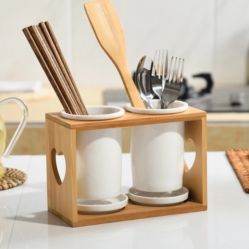 

Household Ceramic Chopsticks Storage Rack Double Hole Drain Holder Shovel Spoon Knife Fork Storage Box Kitchen Rack