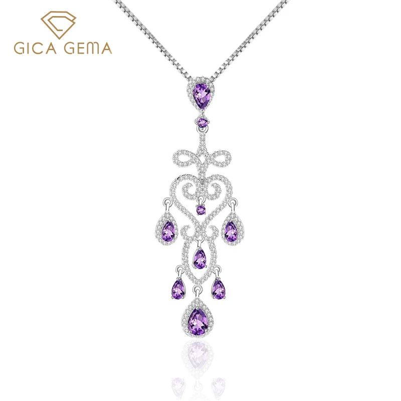 

GICA GEMA натуральный аметист кулон 58 мм 925 стерлингового серебра ювелирные изделия кулон ожерелье для женщин