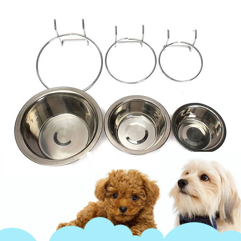 

Pet Dog Cat Bowl Hang Stationary Dog Cage Bowl Stainless Steel Hanger Feeder Three Dimension Stationary Pet Feeding Water Bowl